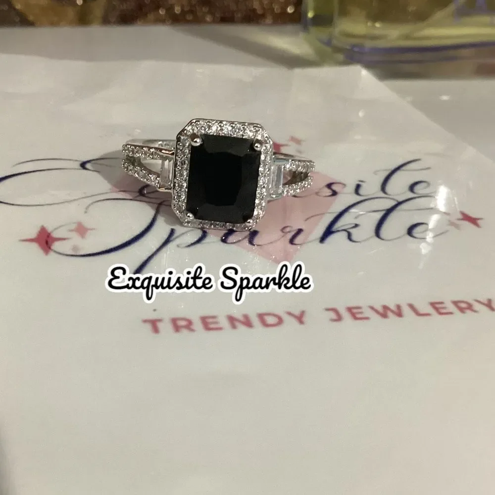 🖤Black Emerald Cut Cz Diamond Halo Ring